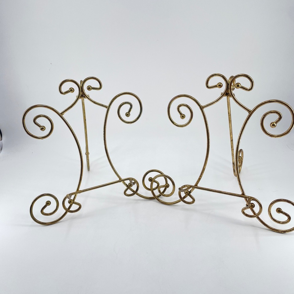 2 Brass Plated Easel Scroll Wire Stand Ornate Plate Photo Display Holder 11 x 10